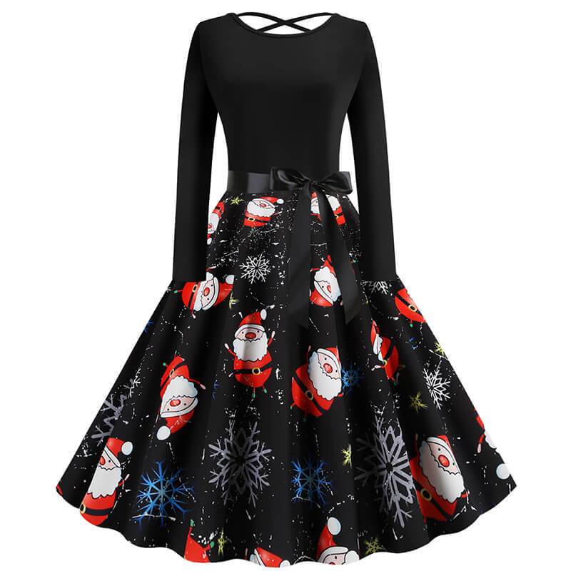 Christmas Print Crossed Back A Line Dress
