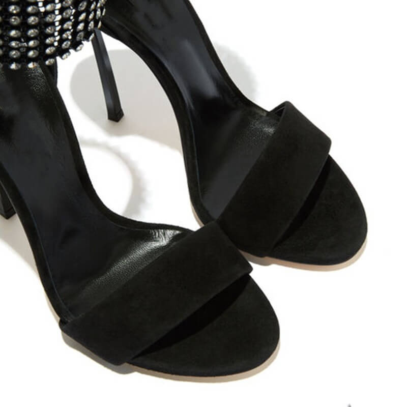 Black Suede Rhinestone Open Toe High Heel Sandals