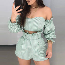 Strapless Crop Top Striped Shorts Set
