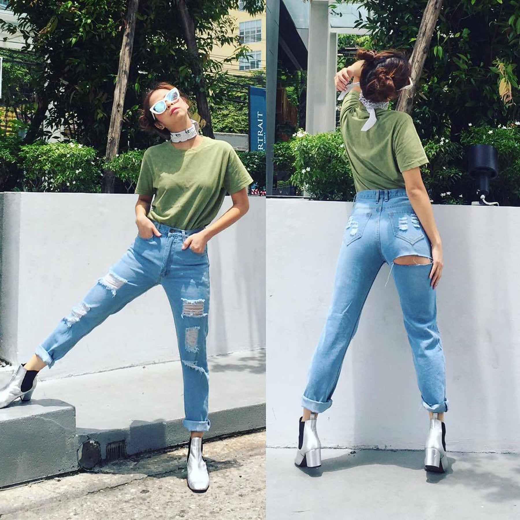 Hip Cut Out Hole Curled Skinny Long Jeans Denim Pants