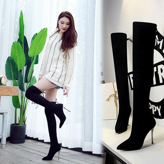 Black Suede Point Toe Strap High Heel Over Knee Boots