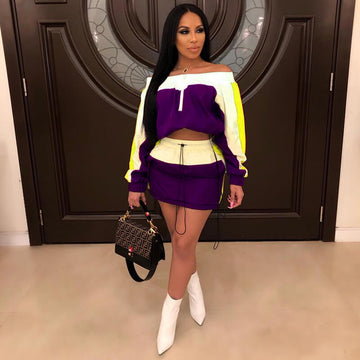Off Shoulder Crop Top Patchwork Short Skirt Set