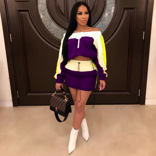 Off Shoulder Crop Top Patchwork Short Skirt Set