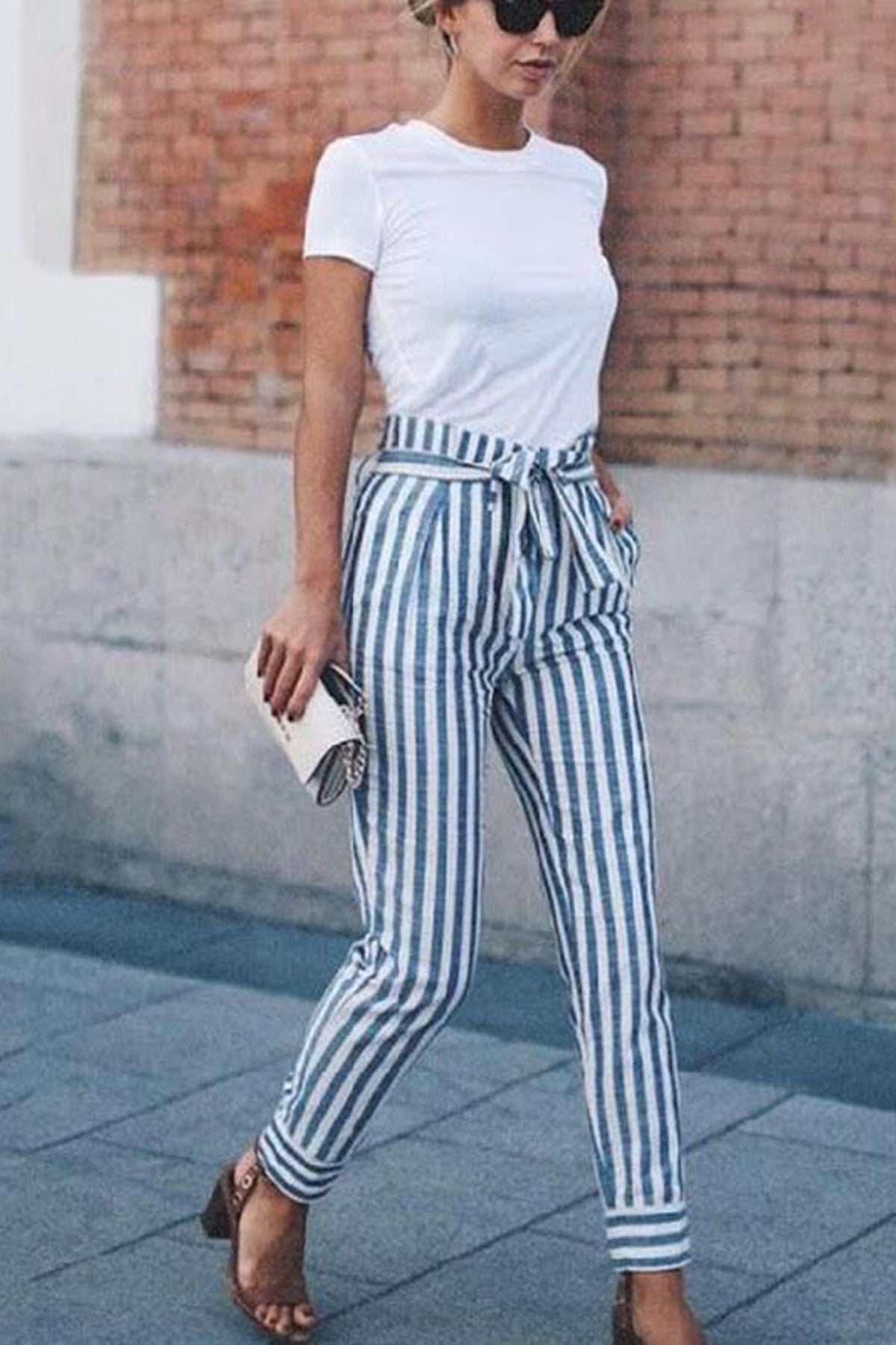 Striped Slim Strap Belt Long Skinny Casual Pants