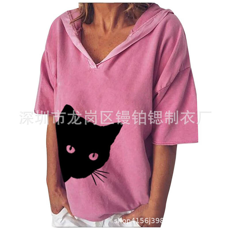 Hooded Print V-neck Loose T-shirt