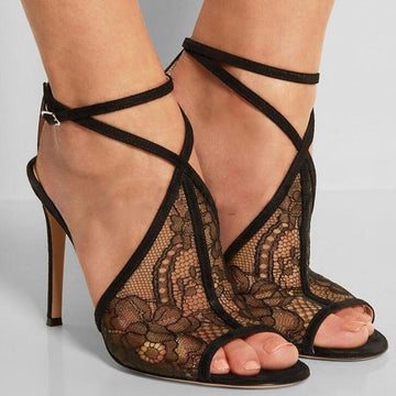 Black Lace Peep Toe High Heel Sandals