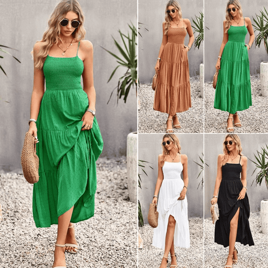 Elegant Strap Dress for Women Pure Color Long Dress