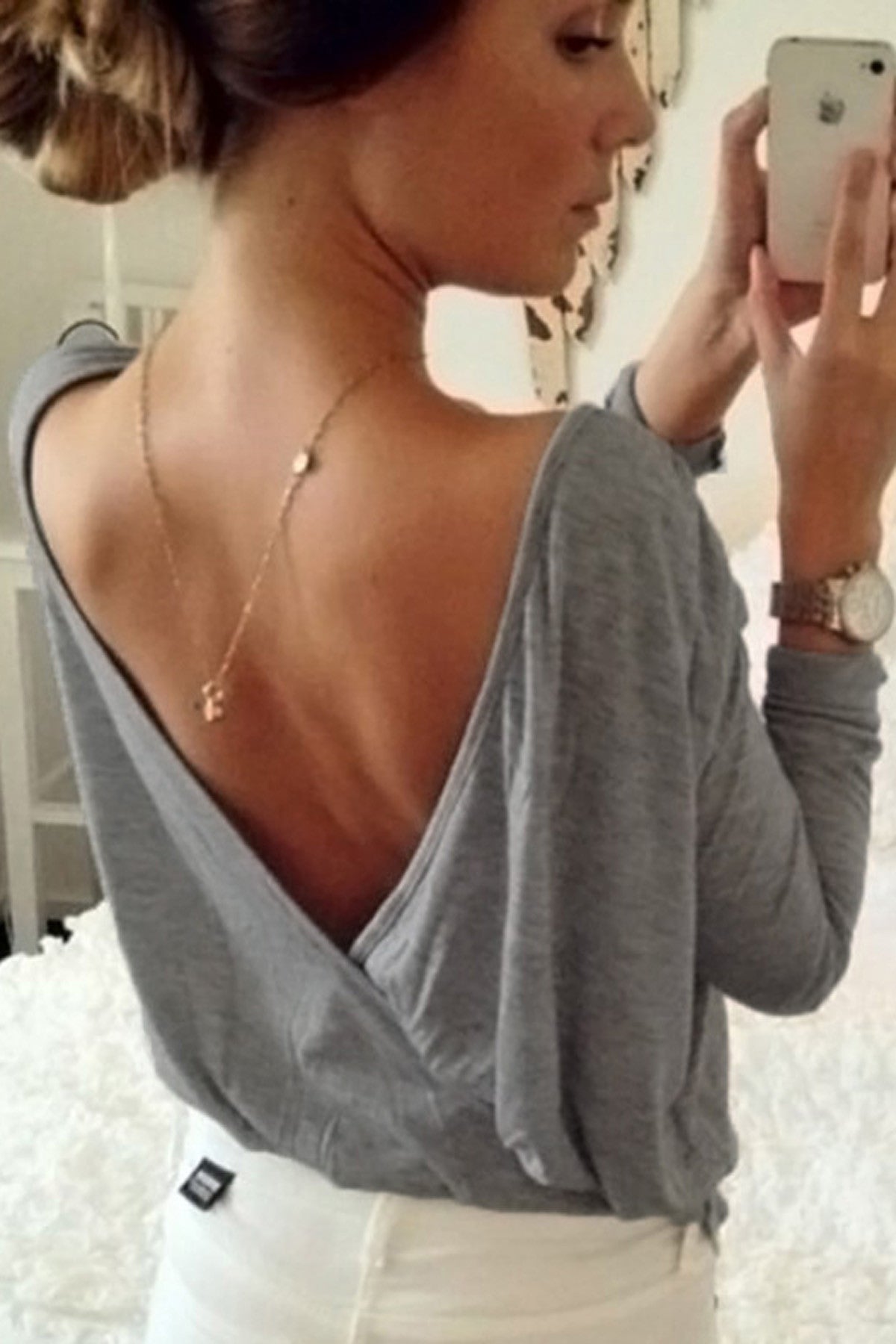 Candy Color Open Backless Long Sleeves T-shirt