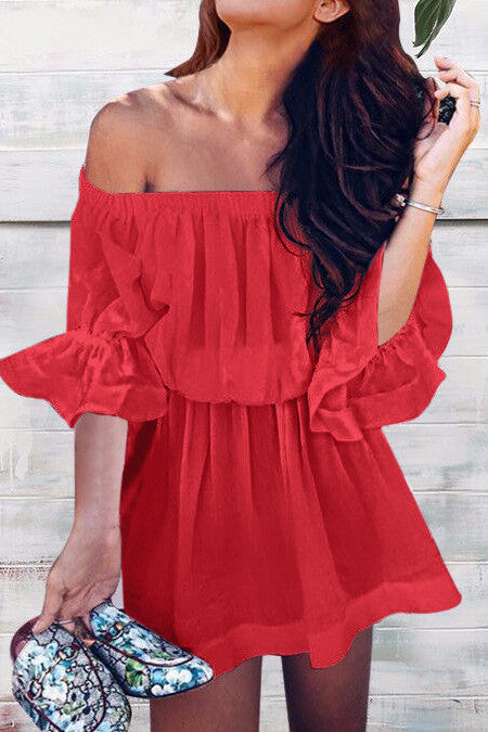 Off Shoulder Trumpet Half Sleeves Pure Color Short Dress
