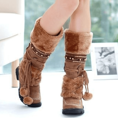 Fur Chunky Low Heel Mid Calf Boots 