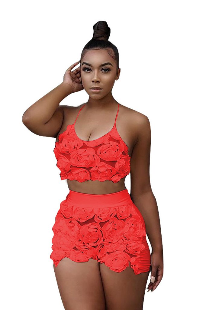 Spaghetti Straps V-neck Lace Crop Top with Patchwork Shorts Two Pieces Set