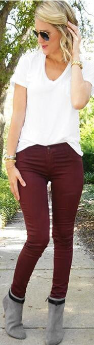 Candy Color High Waist Elastic Long Slim Pants