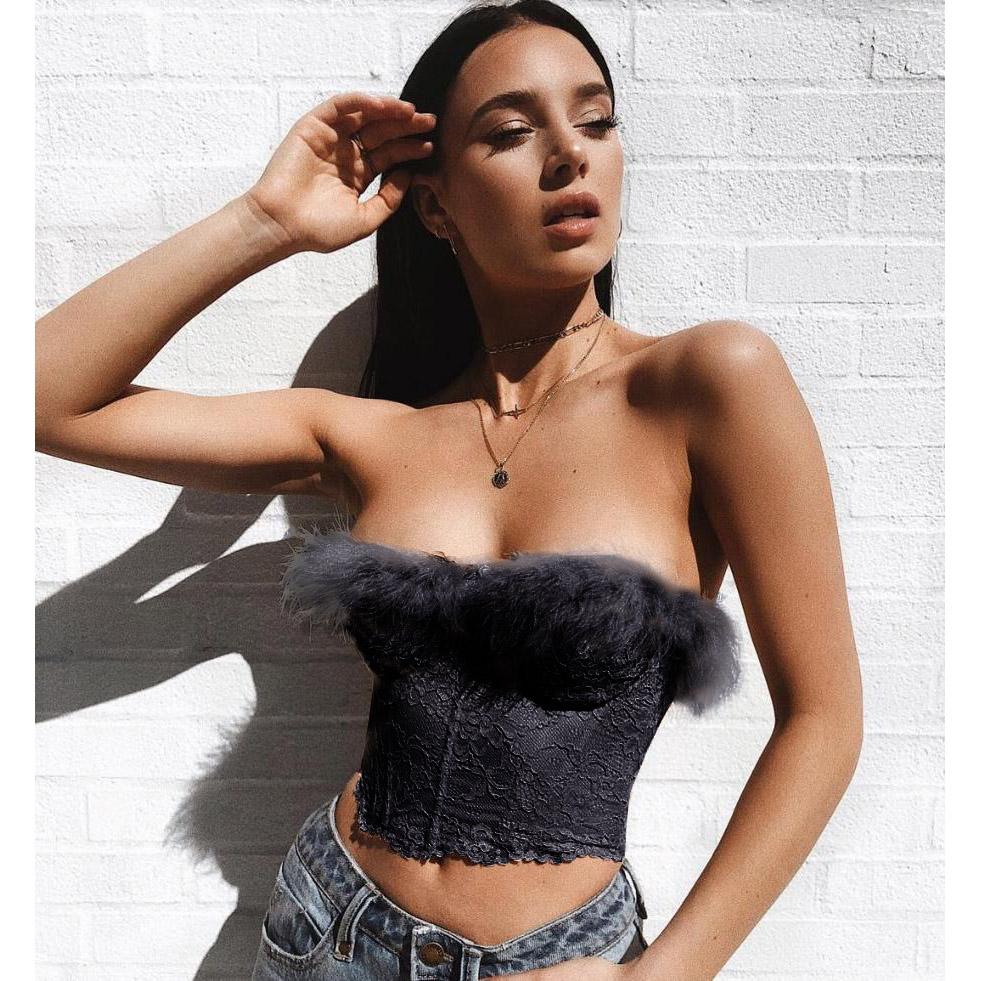 Strapless Pure Color Faux Fur Lace Sleeveless Short Crop Top
