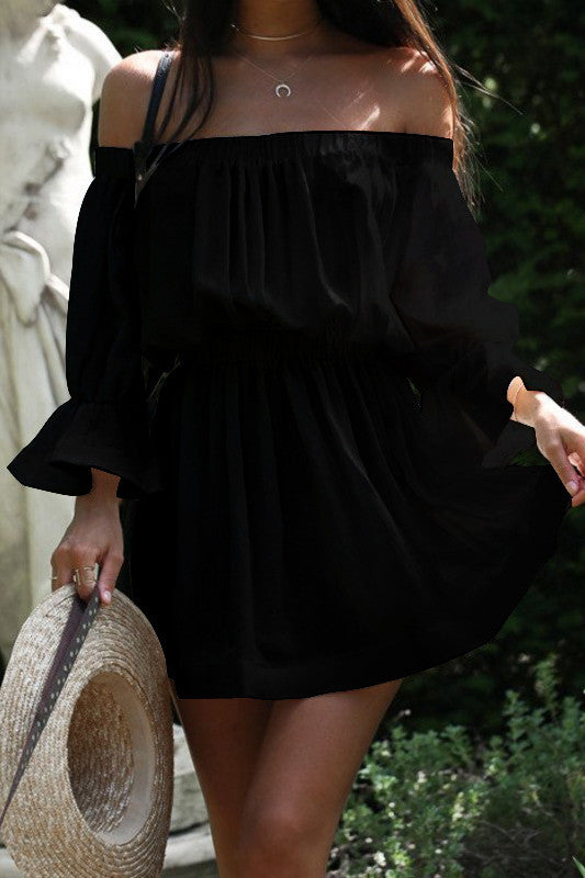 Off Shoulder Trumpet Half Sleeves Pure Color Short Dress