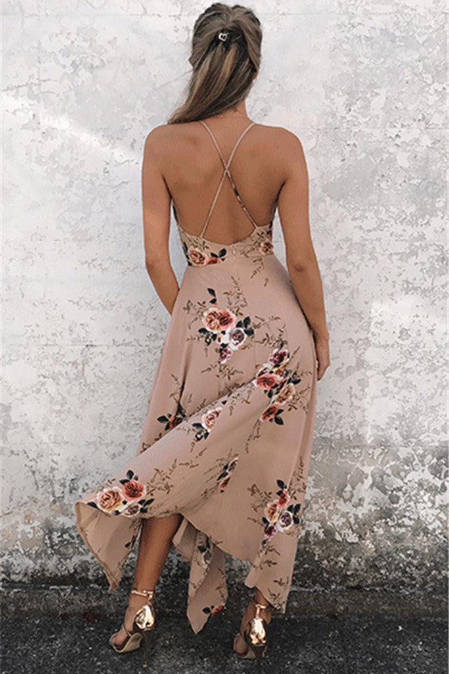 Floral Print Spaghetti Straps Irregular High Waist Bohemian Dress