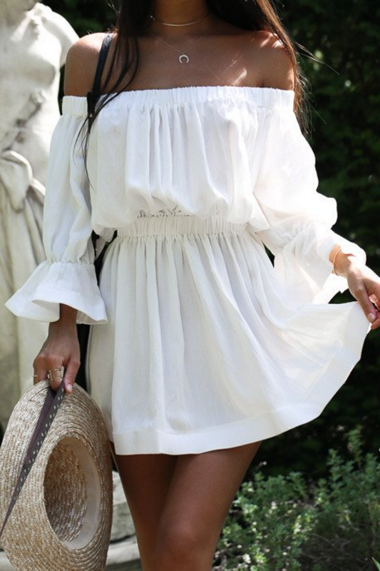 Off Shoulder Trumpet Half Sleeves Pure Color Short Dress