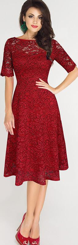Elegant Floral Lace Short Sleeve Scoop Knee-Length Dress