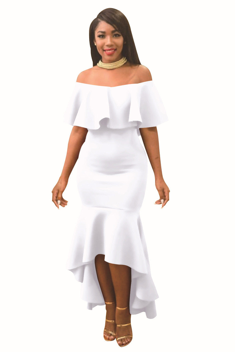 Pure Color Short Sleeves Ruffles Off Shoulder Irregular Dress