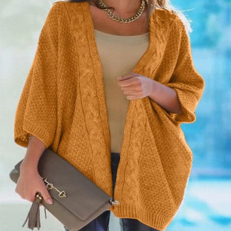 Oversized 3/5 Sleeve Cable Batwing Sweater Cardigan