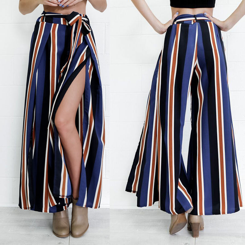 Multicolor Stripes Printed Side Split High Waist Wide Leg Pants