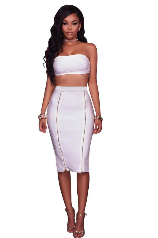 Strapless Crop Top with Zipper Knee-length Back Split Skirt Two Pieces Set