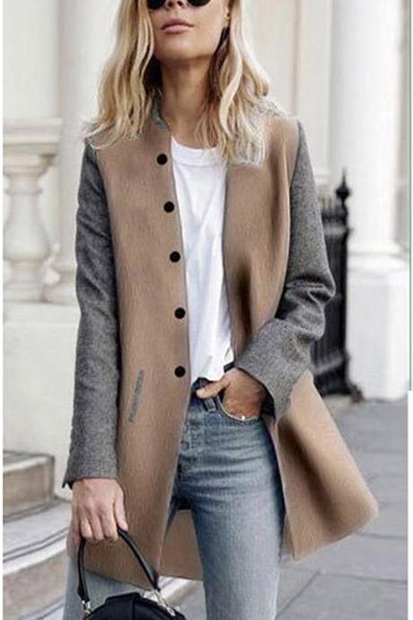 Slim Buttons Long Sleeve Stand Collar Patchwork Coat