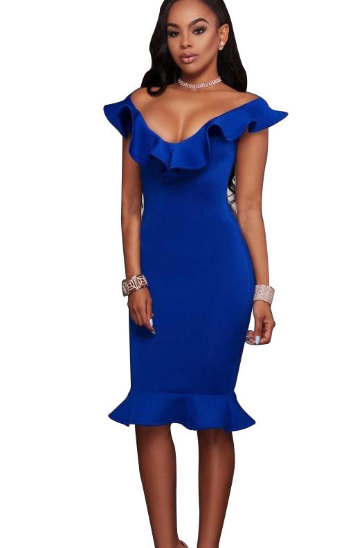 Ruffles V-neck Bodycon Candy Color Knee-length Party Dress