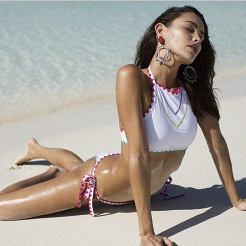Sawtooth Lace Halter Lace Up Bikini Set