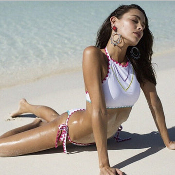 Sawtooth Lace Halter Lace Up Bikini Set
