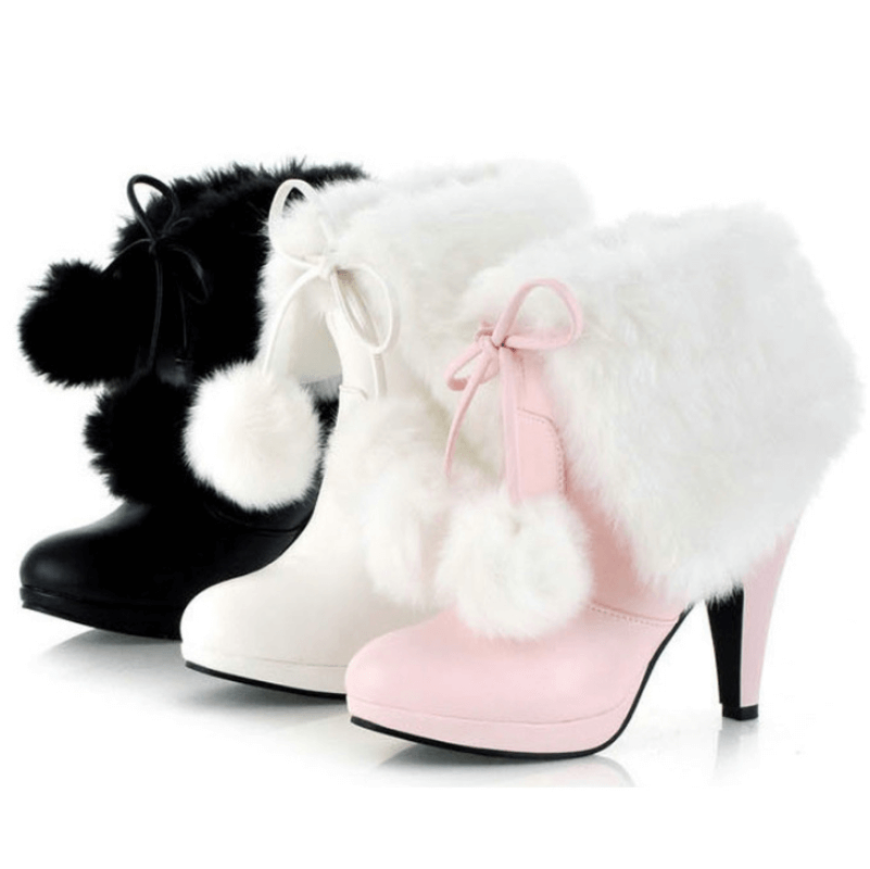 Fur Leather Lace Up High Heel Ankle Boots