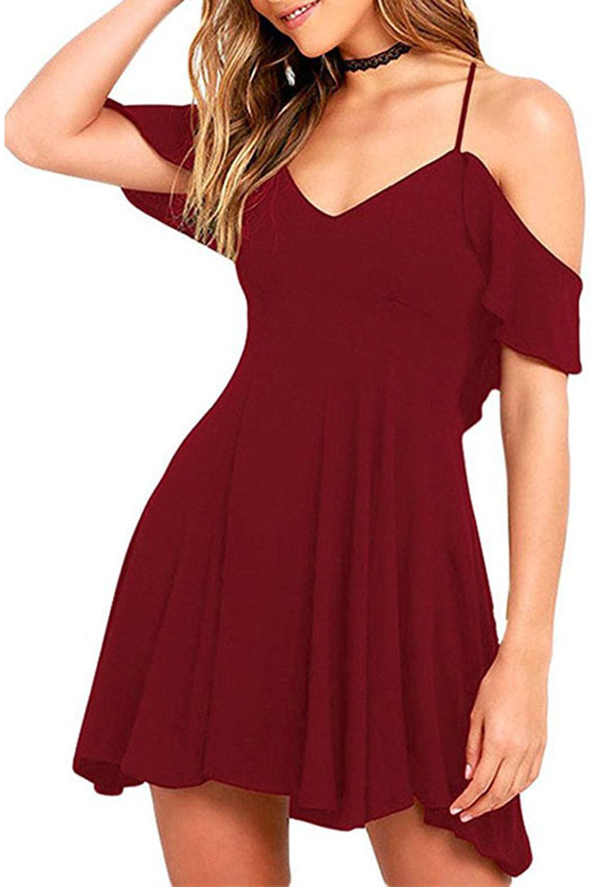Pure Color Spaghetti Straps Bear Shoulders V-neck Short Dress 
