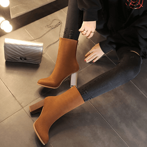 High Chunky Heel Suede Round Toe Calf Boots