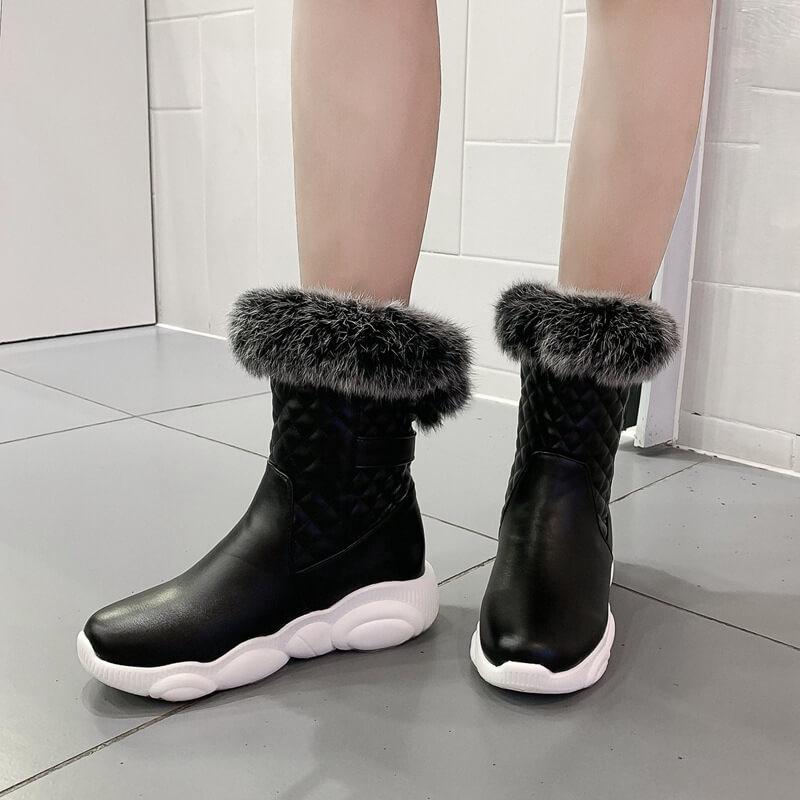 Fur Leather Round Toe Flat Calf Boots