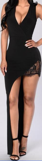 Irregular Lace Patchwork Deep V-neck Sleeveless Dress