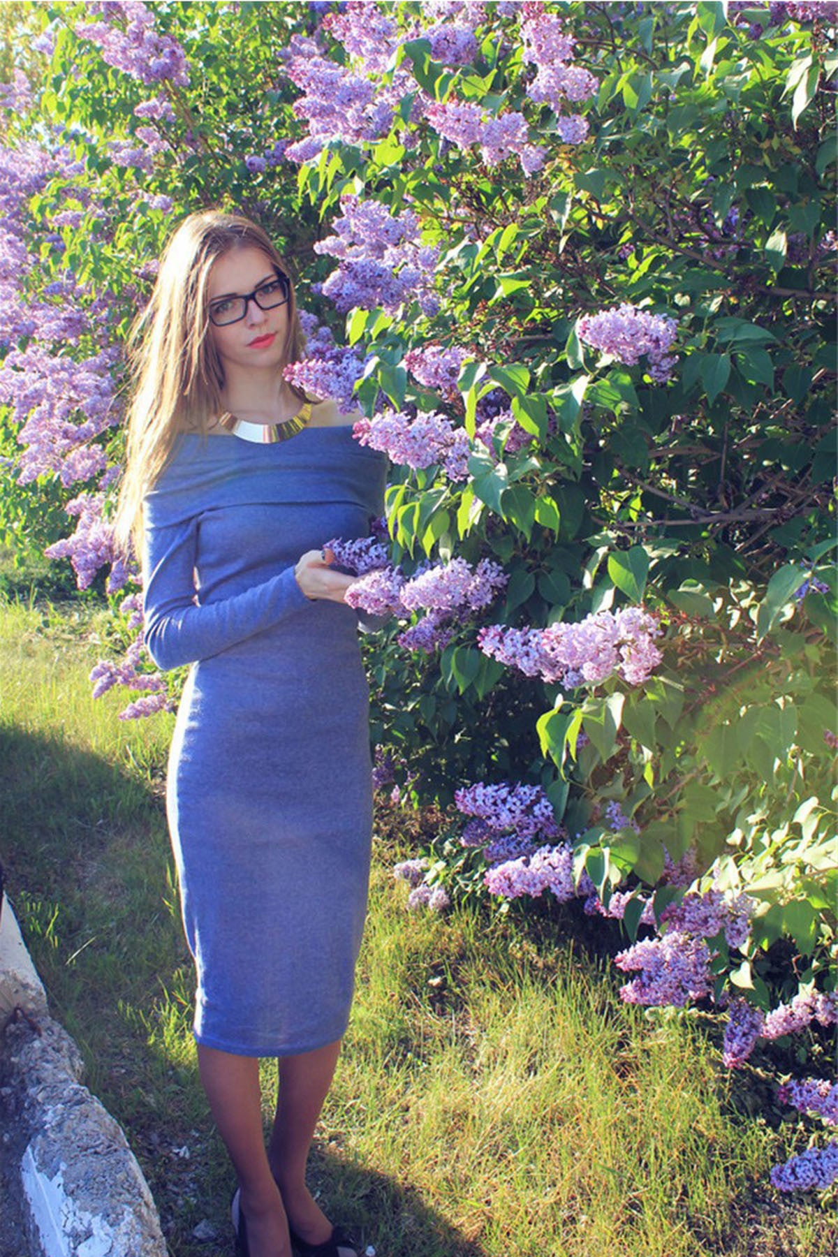 Off Shoulder Long Sleeves Pure Color Knee-length Dress