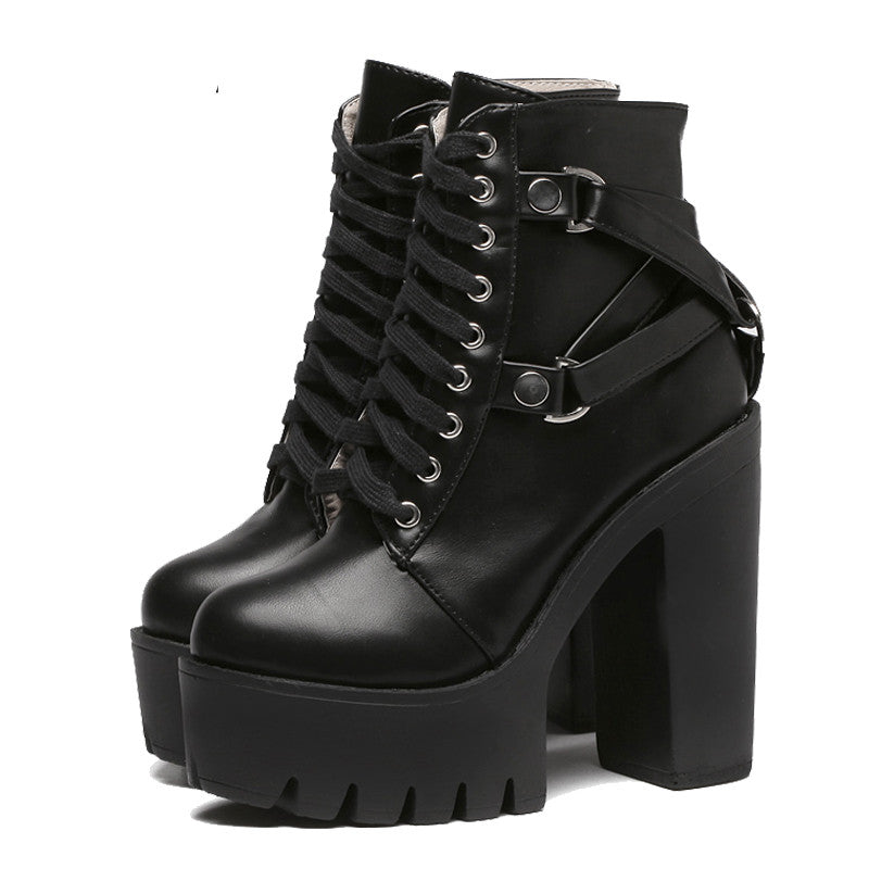 Black Leather Lace-up Platform Goth Ankle Boots