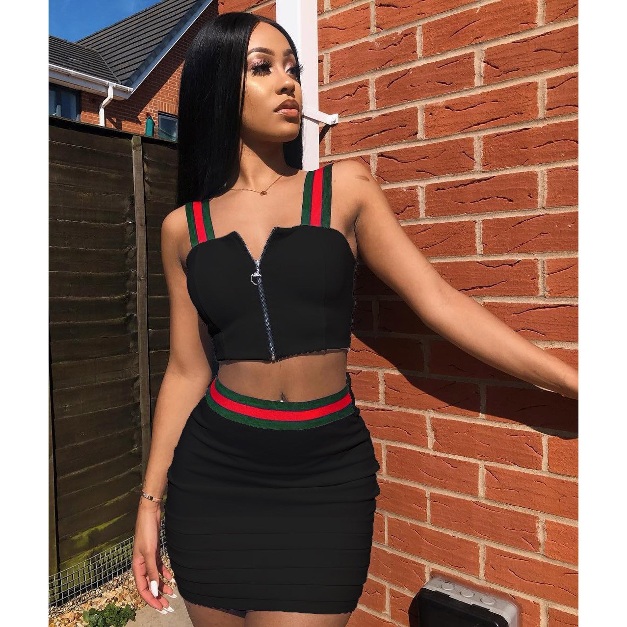 Straps Front Zipper Crop Top with High Waist Bodycon Short Skirt Two Pieces Dress Set Outfits