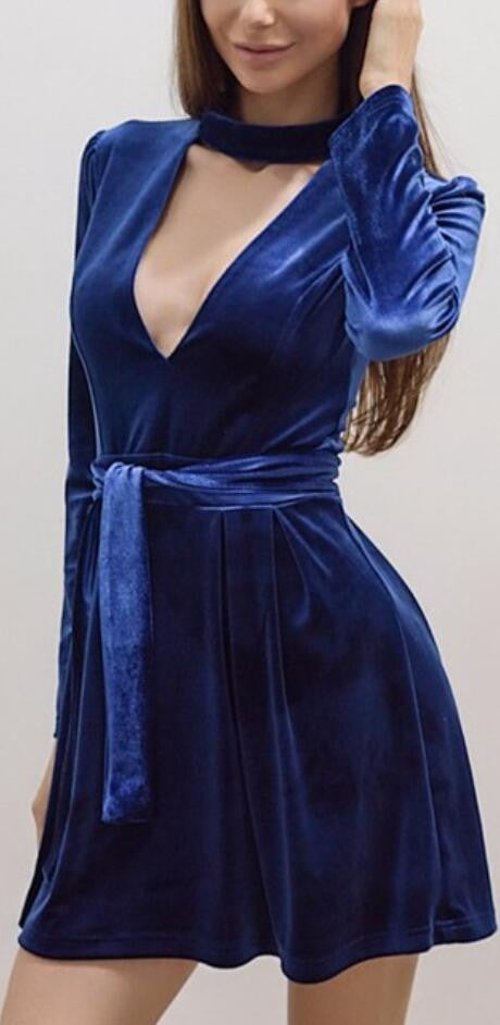 Sexy Blue V Halter Pleuche Belt Dress
