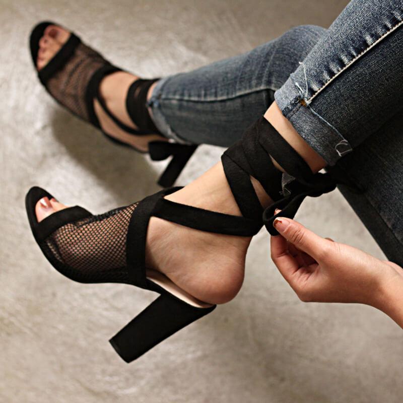  Strappy Ankle Chunky Heel Peep Toe Sandals