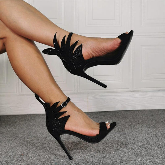 Black Suede Rhinestone High Heel Ankle Sandals