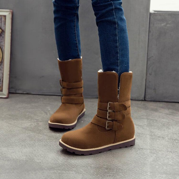 Flat Suede Buckle Round Toe Calf Boots