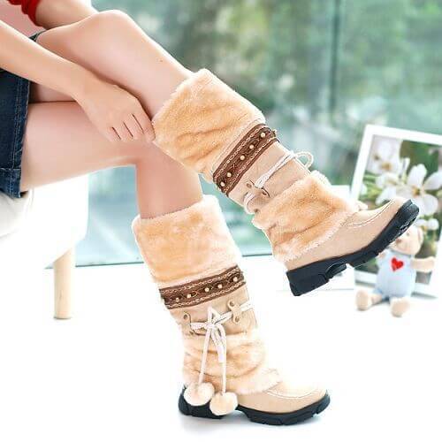 Fur Chunky Low Heel Mid Calf Boots 