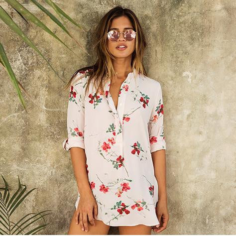 Flower Print Turn-down Collar Middle Sleeves Chiffon Blouse - May Your Fashion - 2