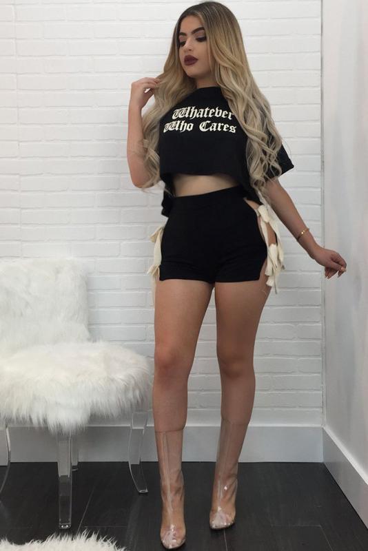 Letter Print Crop Top with Cross Straps Shorts Two Pieces Set