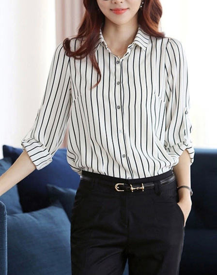 Striped Turn-down Collar Long Sleeves Slim Plus Size Chiffon Blouse