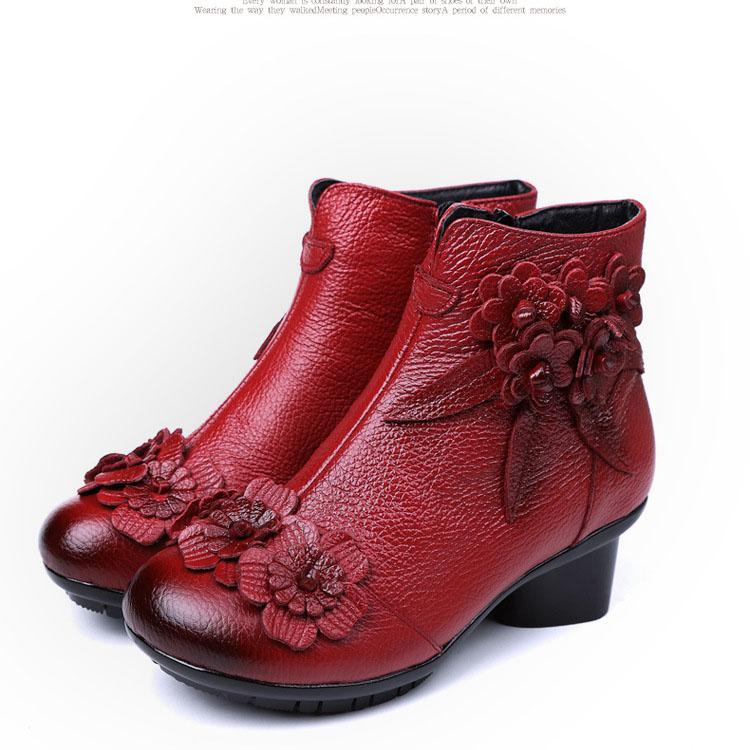 Retro Hand Made Real Leather Low Chunky Heel Ankle Boots