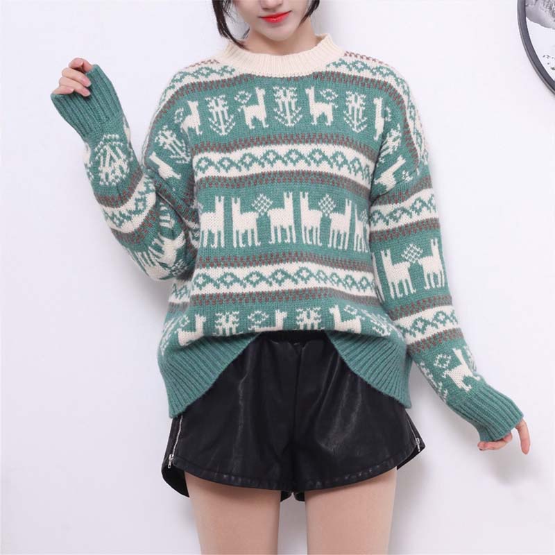 Slouchy Striped Reindeer Christmas Pullover Sweater  