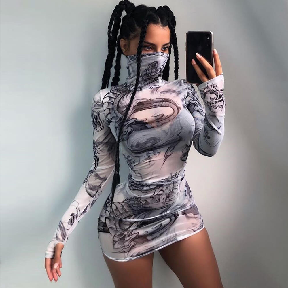 White Turtleneck Mesh Print See Through Bodycon Dress