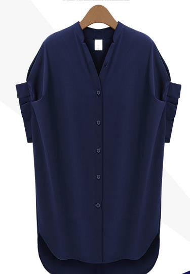 Little Stand V-neck Pure Color Short Sleeves Sexy Blouse - May Your Fashion - 5