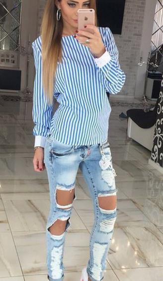 Striped Irregular Hollow Out Sexy Backless Back Cross Blouse - Meet Yours Fashion - 2